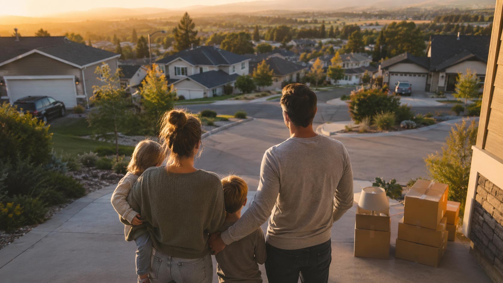 Family of four stands on the front porch of a new home, looking over a suburban neighborhood at sunset with moving boxes nearby.