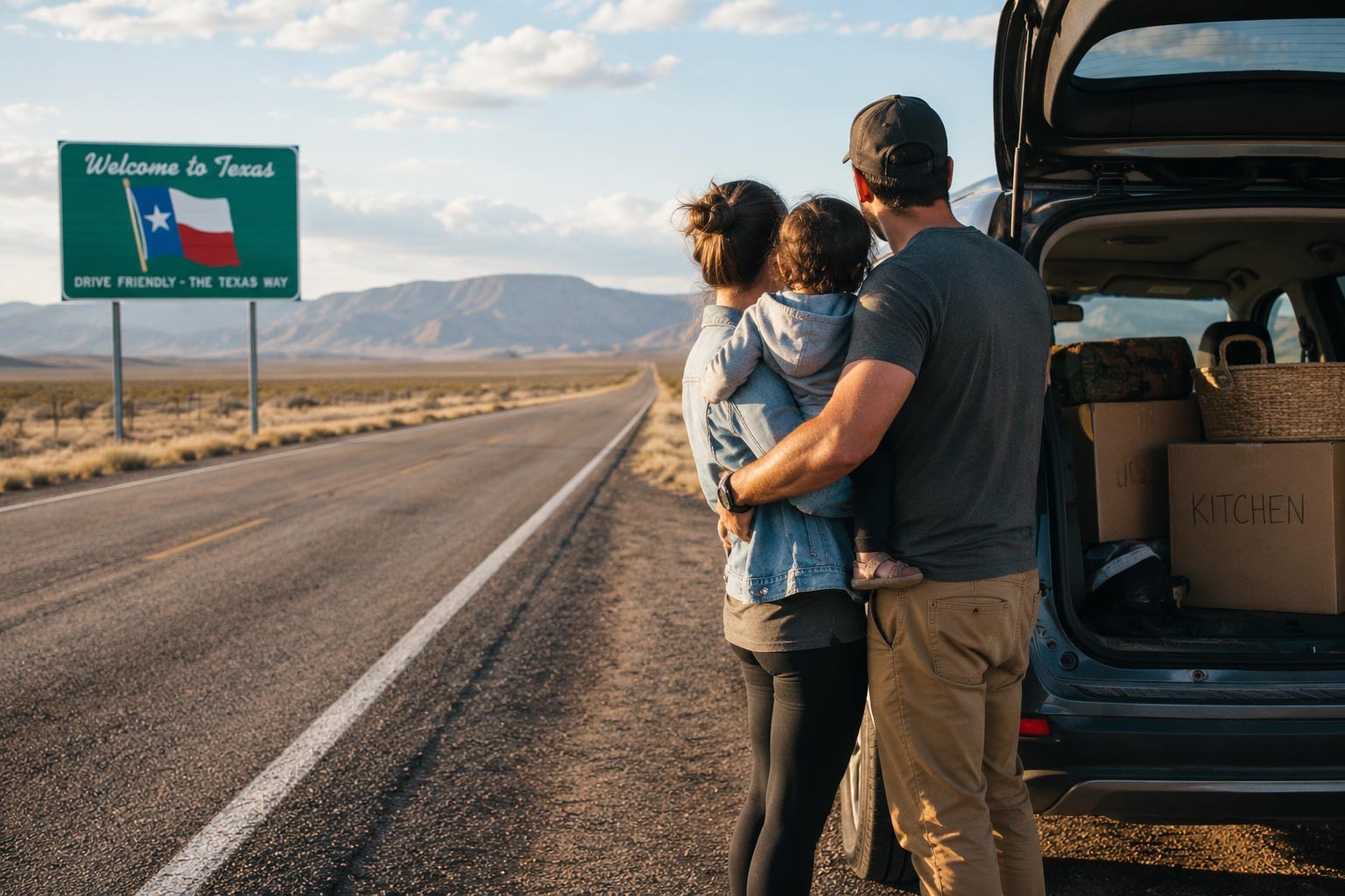 Family stands beside a packed SUV near a Welcome to Texas sign, looking down an open highway during an interstate move.
