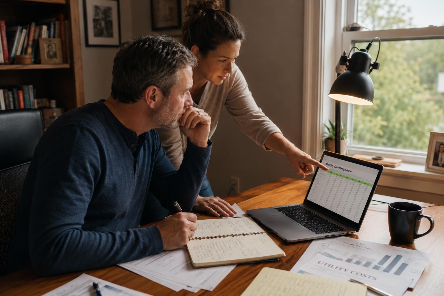 Couple reviews a monthly cost comparison spreadsheet, utility bills, insurance documents, and financial notes in a home office.