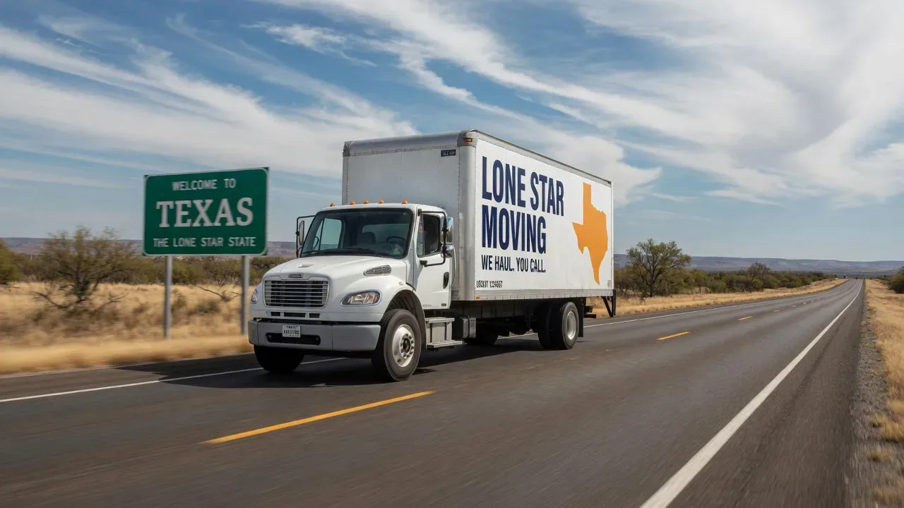 A white moving truck driving along a highway past a green road sign reading "Welcome to Texas, the Lone Star State".