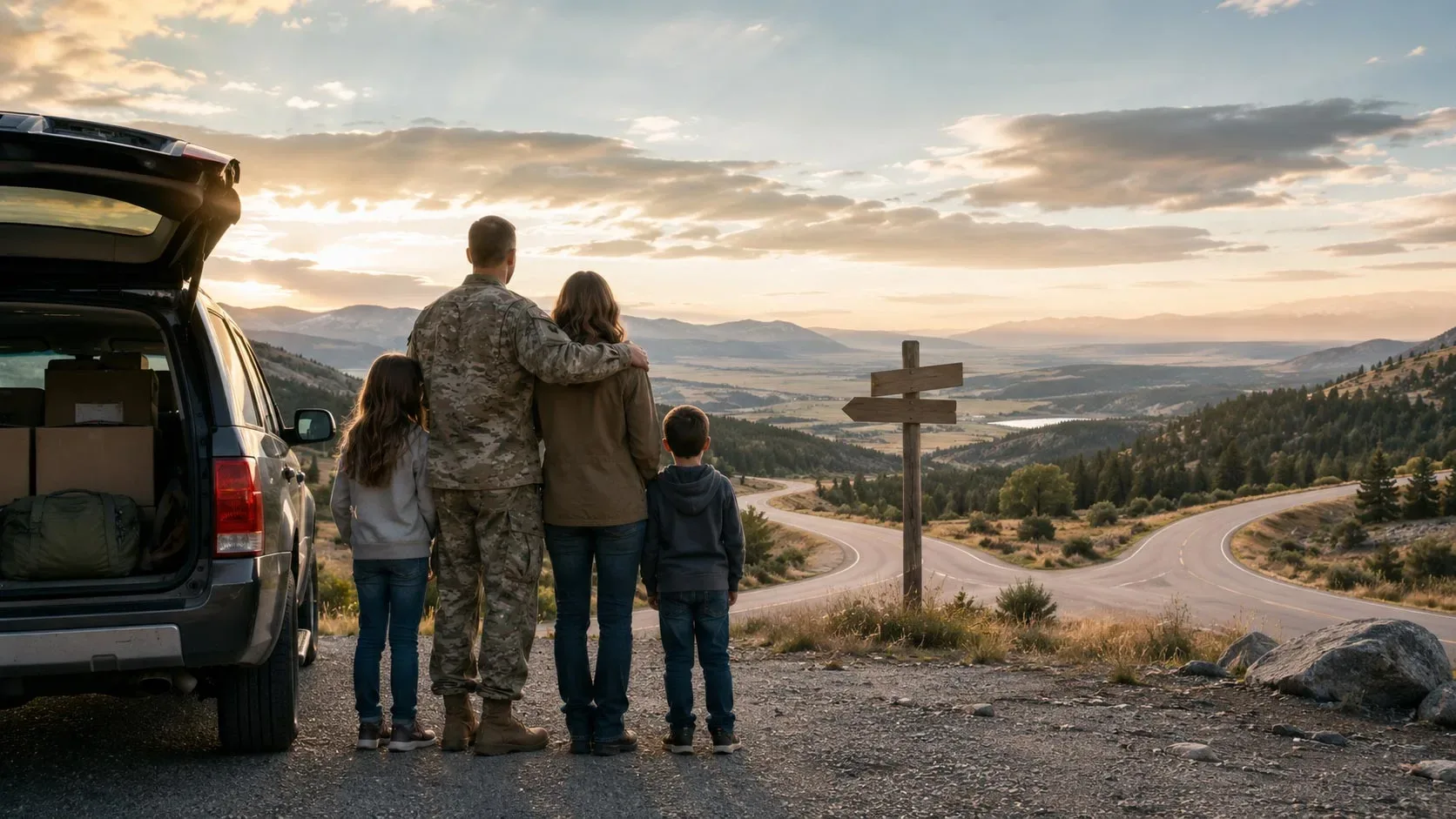 A service member in camouflage uniform stands with his partner and two children beside a packed SUV, looking out over a valley where the road ahead forks in two directions.