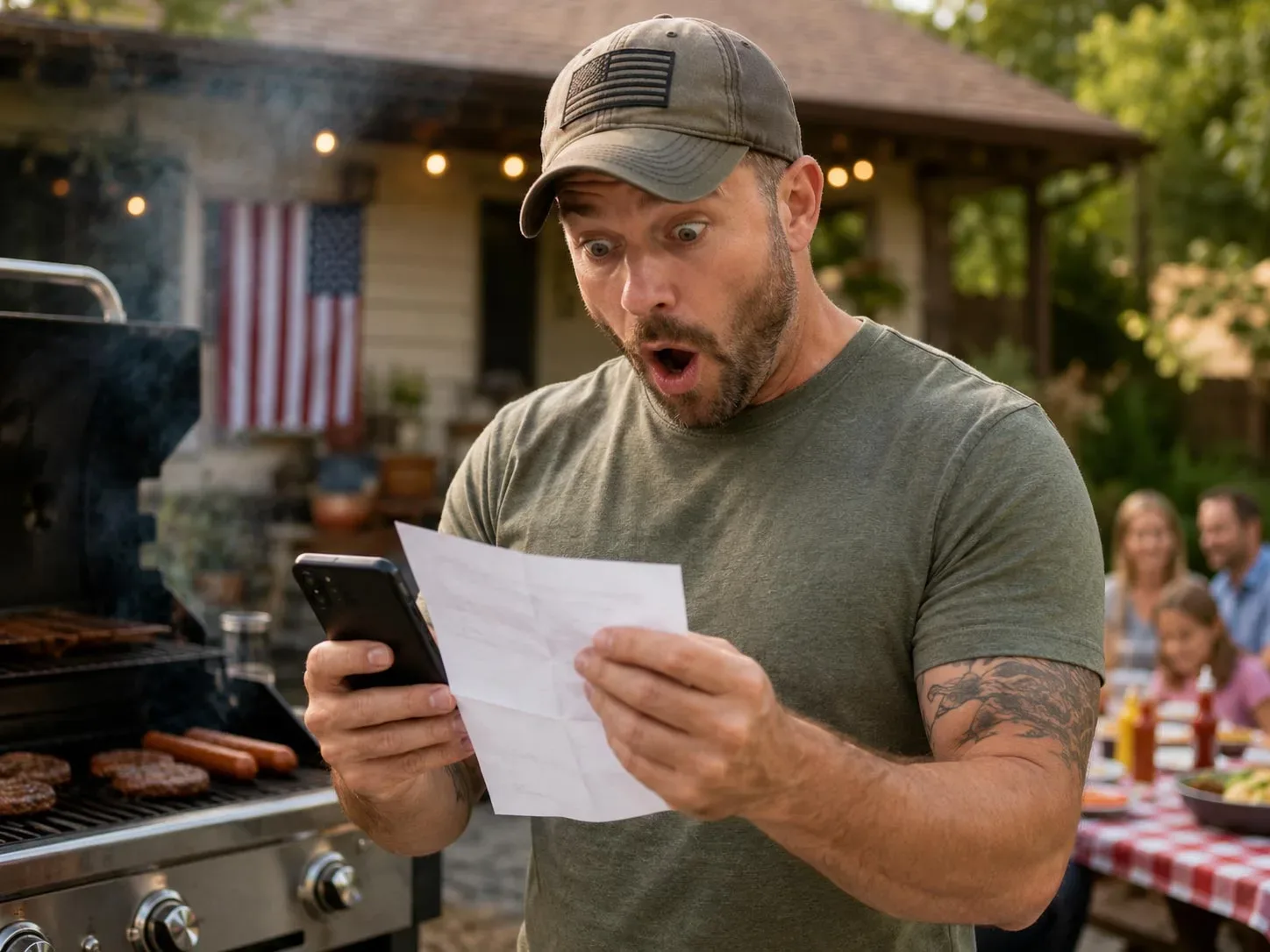 A veteran at a backyard barbecue reacts with shock to a letter he is holding beside his phone.