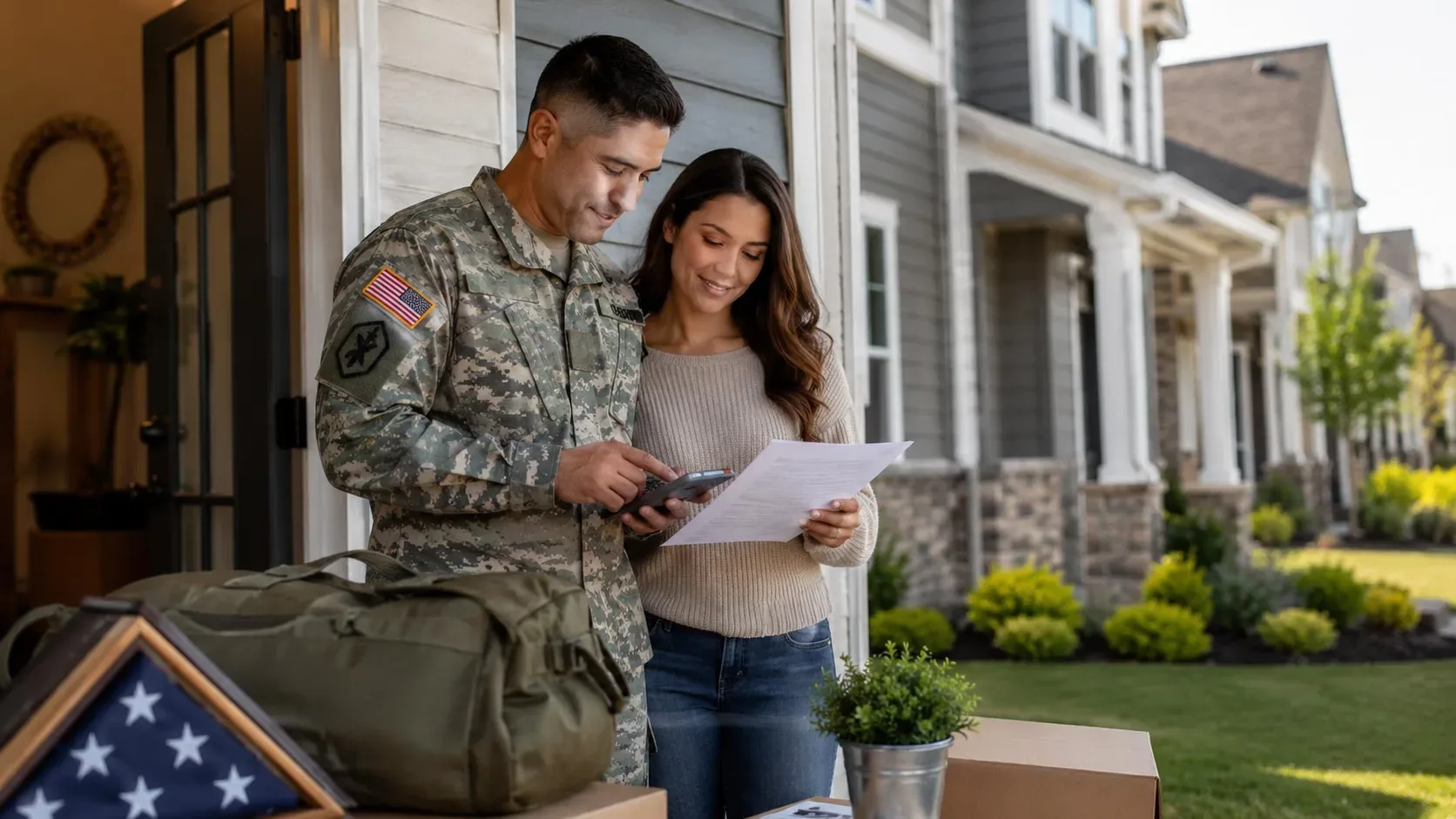 A soldier in uniform and his partner stand outside their home reviewing a document with a calculator, beside a packed duffel bag and a folded flag in a display case.
